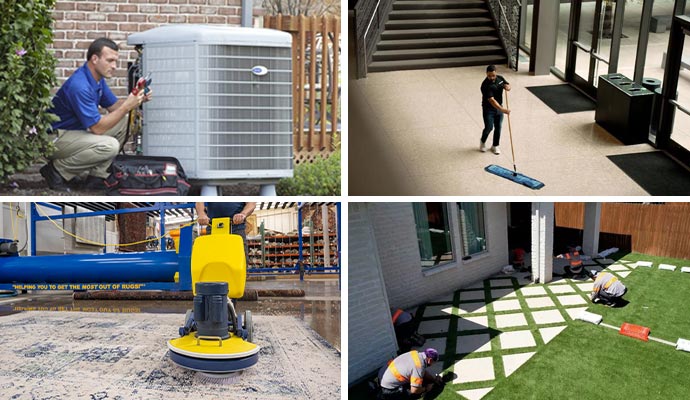 Collage of professional HVAC repair, commercial cleaning, rug washing and synthetic grass installation